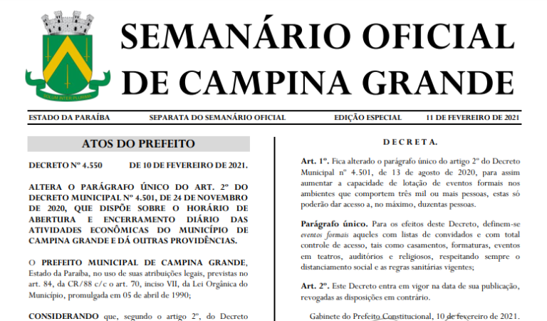 Decreto proíbe festas de carnaval em Campina Grande e suspende ponto facultativo