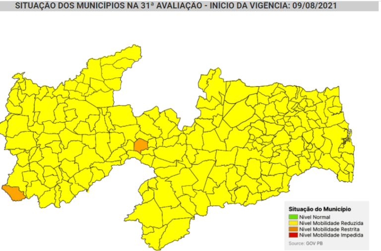 Paraíba tem 221 municípios classificados em bandeira amarela, aponta nova avaliação do Novo Normal