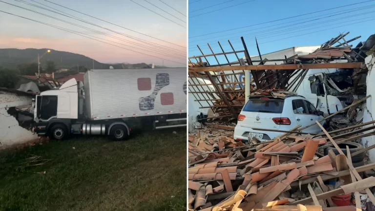 Carreta sai da rodovia e atinge duas casas e dois veículos que estavam estacionados, em Malta