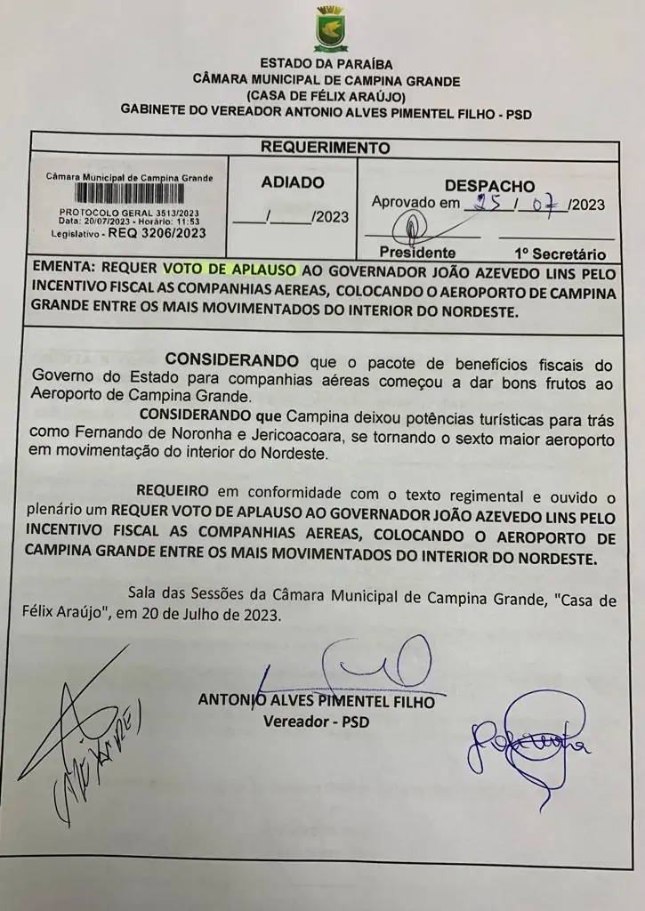 Com apoio da bancada de Bruno, CMCG aprova aplauso a João Azevêdo