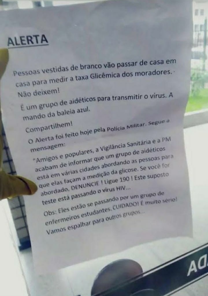 FAKE: É falsa a informação de que há grupo de pessoas se passando por aferidores de glicemia para disseminar o vírus HIV/Aids