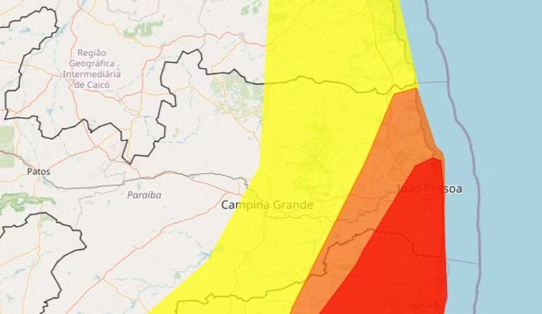 Inmet emite alerta vermelho para chuvas intensas em 12 cidades da Paraíba