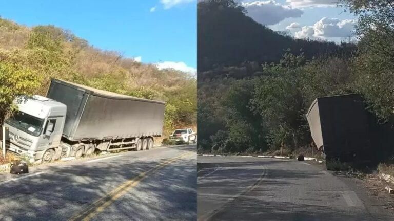 Susto: carreta carregada com leite condensado sofre pane e sai da pista na Serra do Teixeira; ninguém ficou ferido